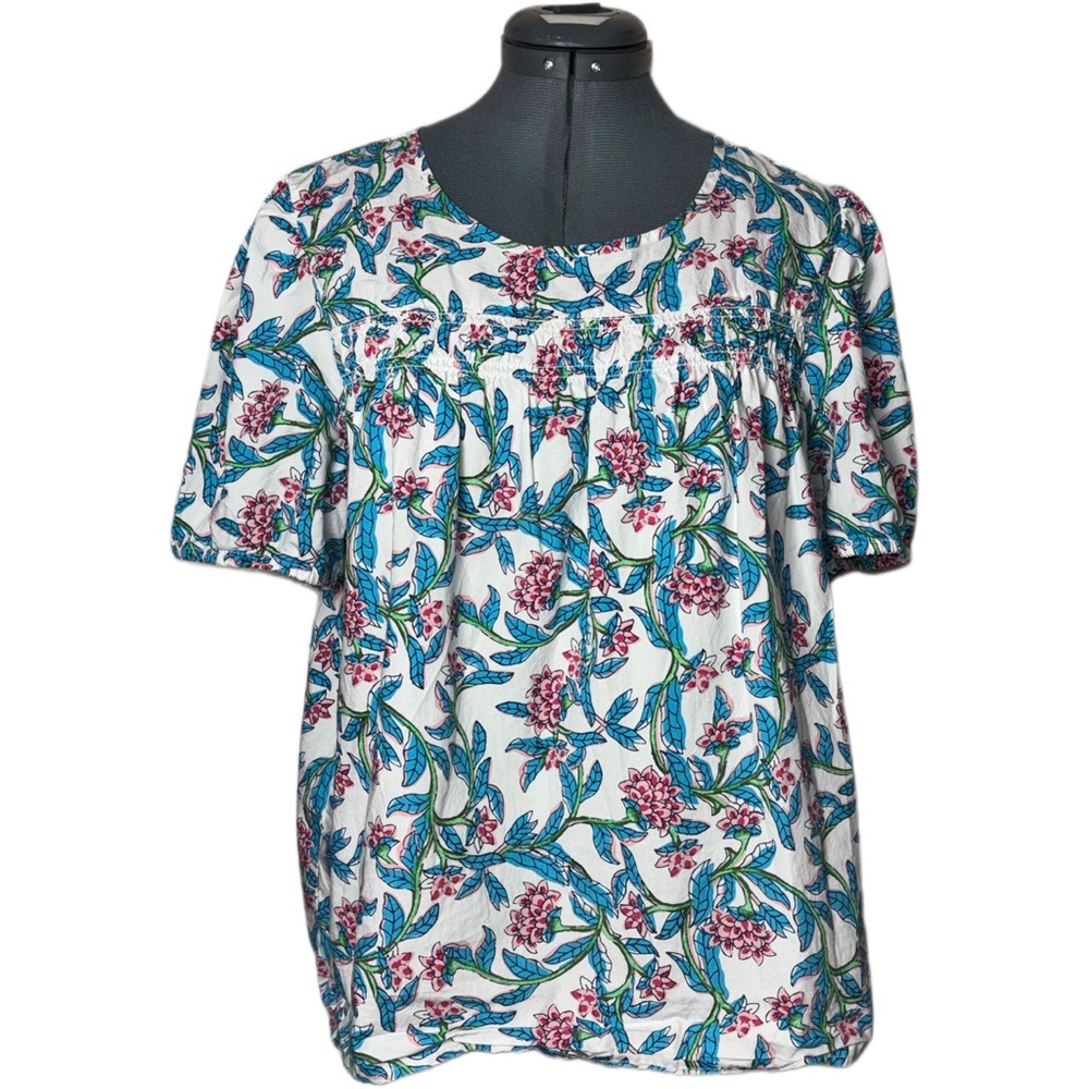 J. Crew Puff-sleeve Top Women's Size Large in Pink/blue floral Print 100% cotton